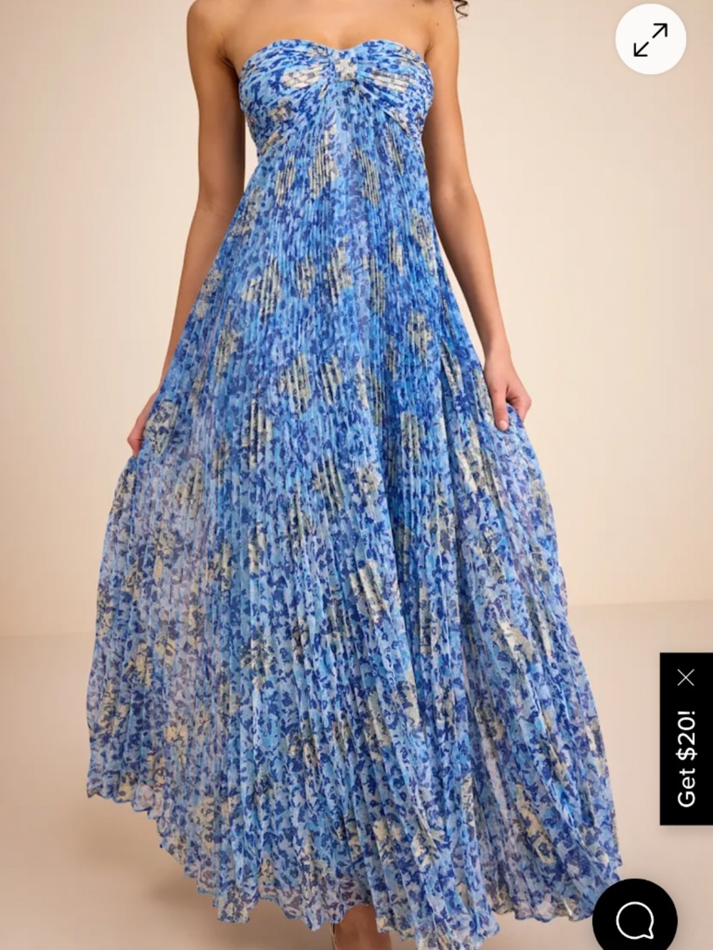 Lynwen Blue Abstract Pleated Strapless Maxi Dress